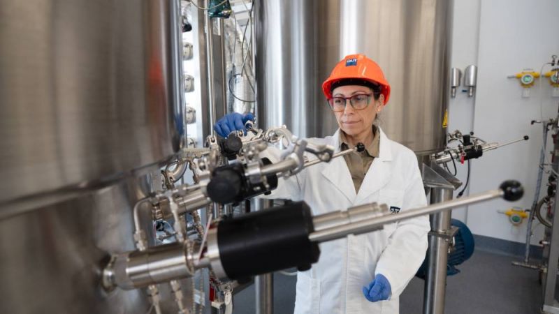 A woman in a lab coat and hard hat working on machinery in a processing plant.