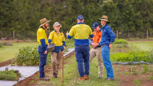 A group of researchers in the field discussing a research trial.