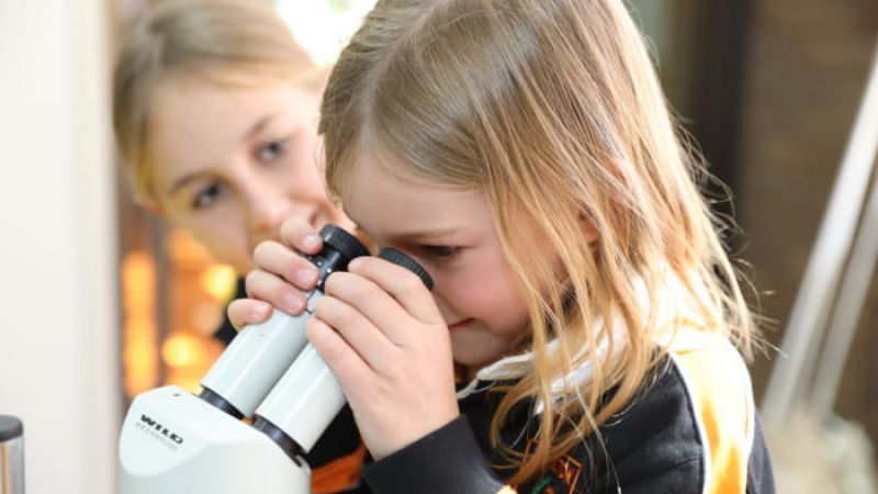 Child looking through a microscope while another child watches in the background.