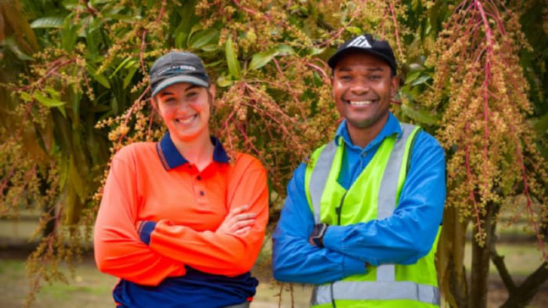Two people standing in an orchard, smiling with arms crossed; one wears an orange work shirt and the other a hi-vis vest.