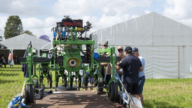 Autonomous robot on display on a farm.