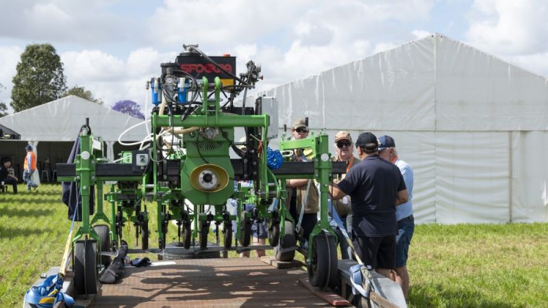 Autonomous robot on display on a farm.